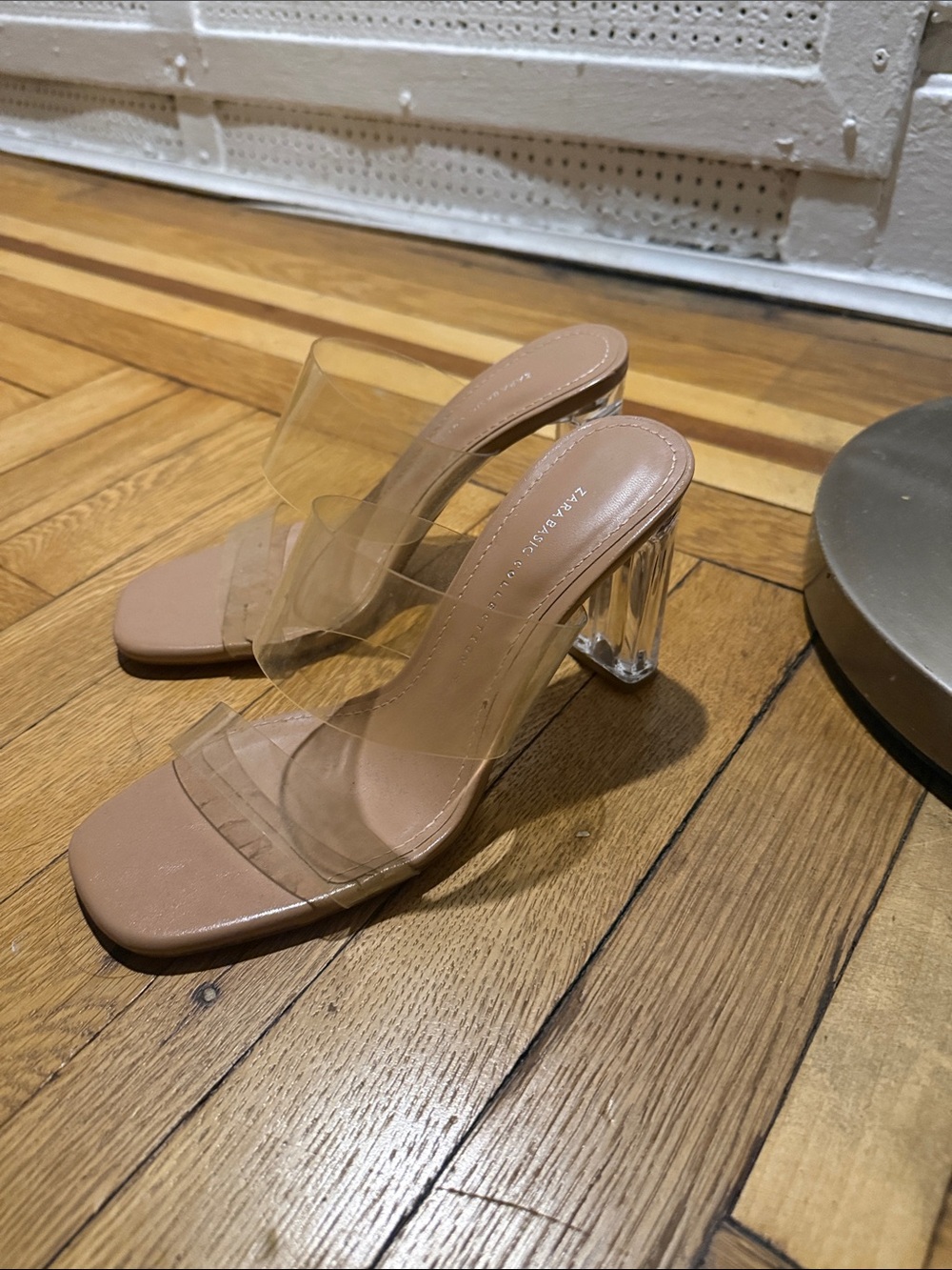Zara Nude Block Heel Mules with Clear Straps